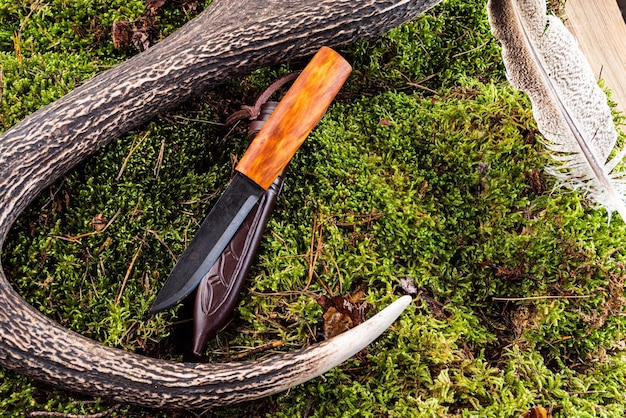 Photo knife with a wooden handle knife and leather sheath knife on moss and deer antler flat lay