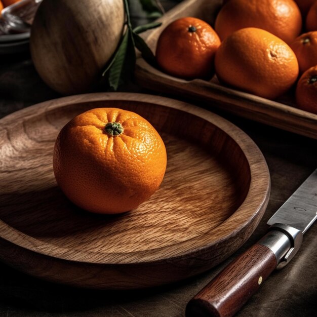 A knife next to a wooden plate with oranges on it.