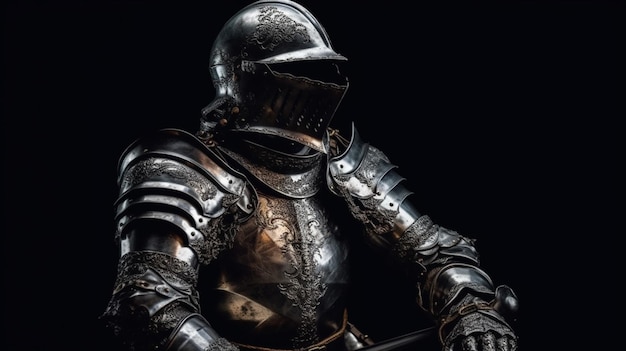 Knight in armor on a black background Portrait of a medieval warriorgenerative ai