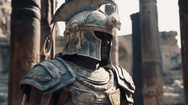 Рыцарь в доспехах и шлеме на фоне древних руин.