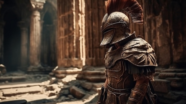 Knight in armor and helmet on the background of the ancient ruinsgenerative ai