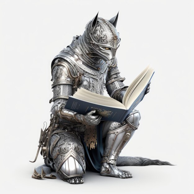 A knight in a armor reading a book.