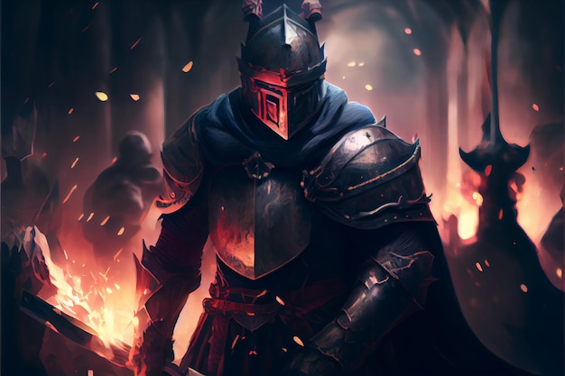 A knight in armor stands in a fire.