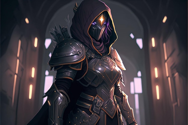 A knight in armor stands in front of a dark room with a dark background and a purple hood.