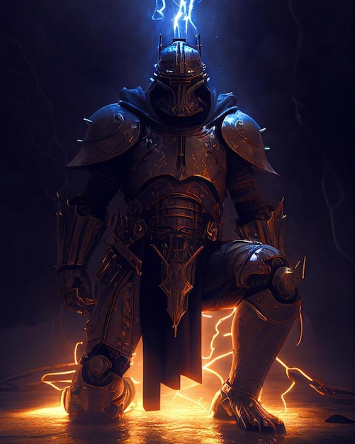 A knight in armor stands on a rock with lightning on his chest.