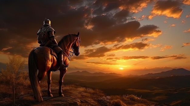 The knight in the armor at sunset standing majestically on the horizon personifying strength and