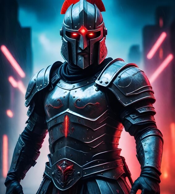 Photo a knight in a armor with a red light behind him