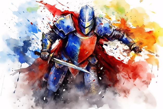 Knight in armor with a sword in his hands in abstract watercolor style Colorful illustration