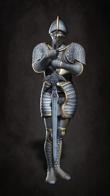 A knight in armor with a weapon. 3d illustration