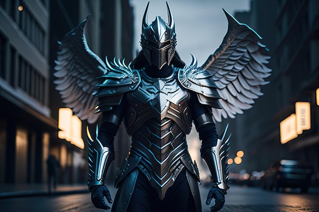 Photo a knight in a armor with wings that say wings.