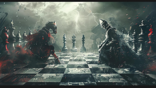 Photo a knight in black armor is playing chess with a knight in red armor the chessboard is made of stone and there are storm clouds in the background