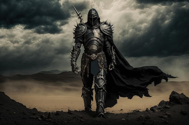 A knight in a black cloak stands in front of a cloudy sky.