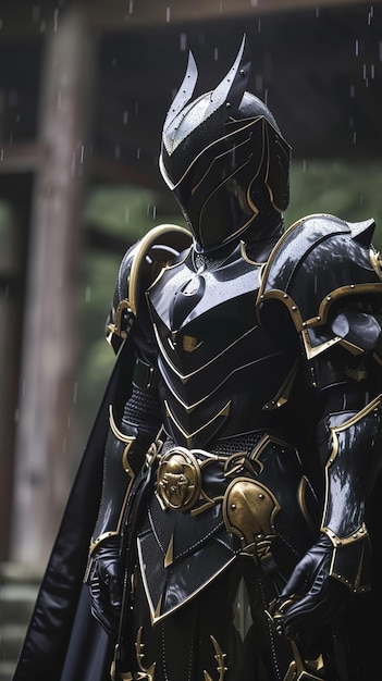 a knight in a black suit with a gold and black cape