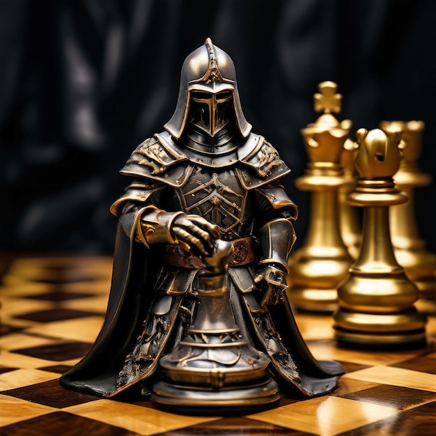 Photo a knight on a chess board with a gold king chess piece