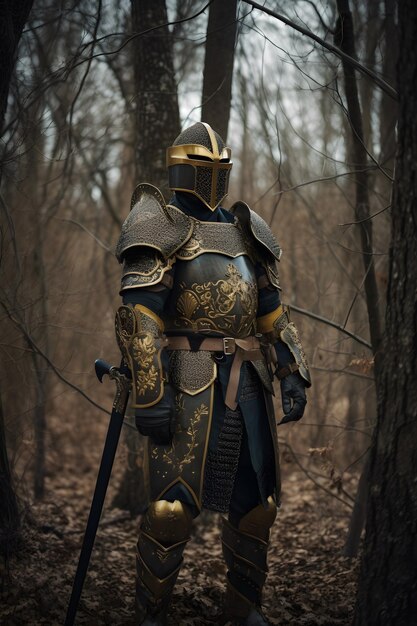 Photo a knight in a dark forest with a sword