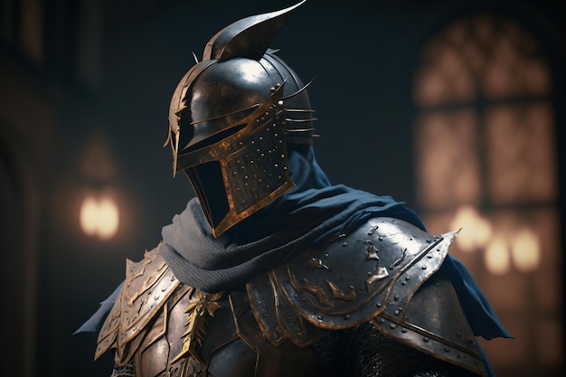 A knight in a dark room with a helmet on it.