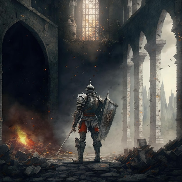 Photo knight in a destroyed castle