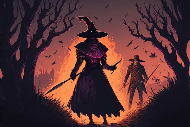 Рыцарь сталкивается с ведьмой со злыми силами иллюстрация в стиле цифрового искусства рисует фэнтезийную концепцию рыцаря в битве с ведьмой