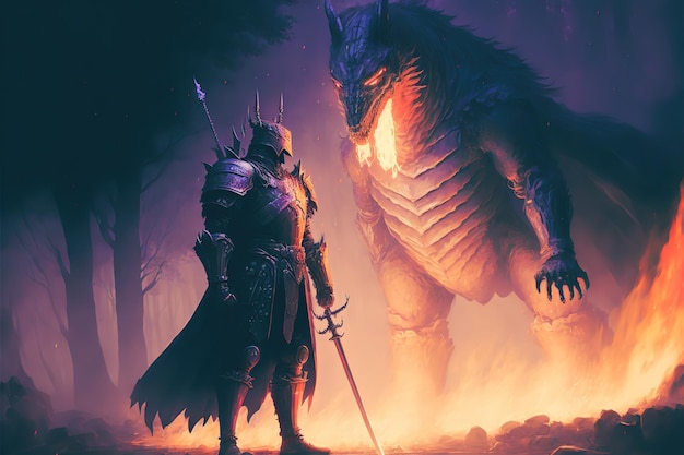 A knight fights a dragon