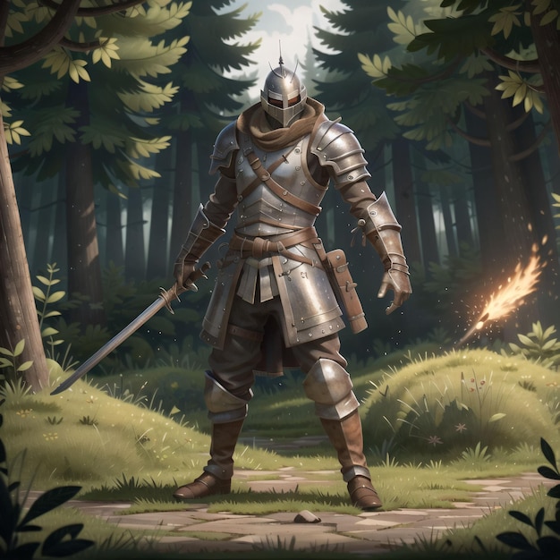 A knight in a forest with a sword and a fire in his hand.