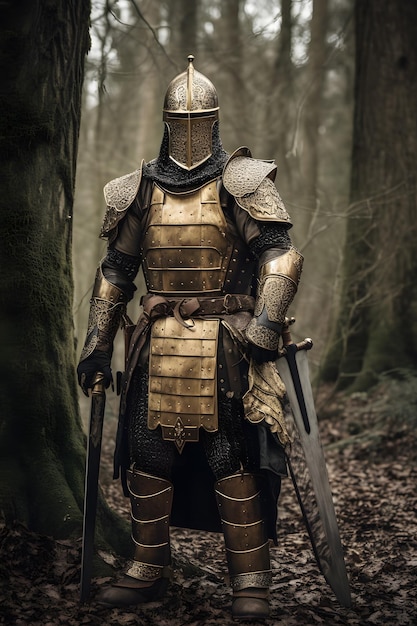 A knight in a forest with a sword and a sword