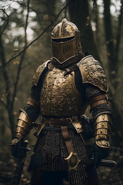 A knight in a forest with a sword