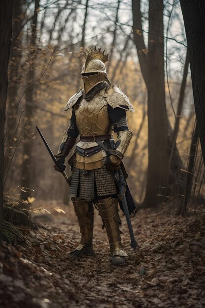 A knight in a forest with a sword