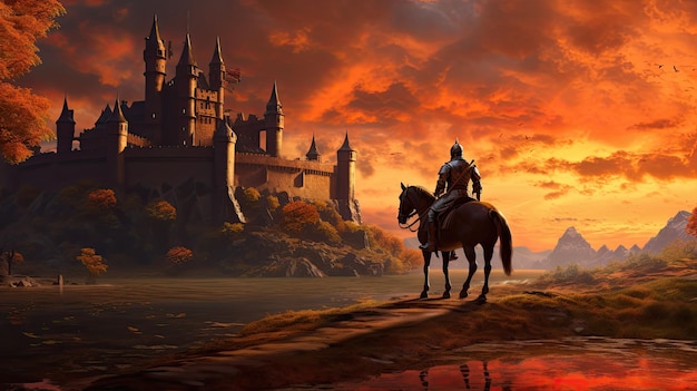 Knight in front of medieval castle fantasy background