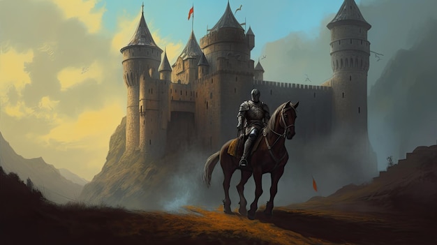 Knight in front of medieval castle fantasy background