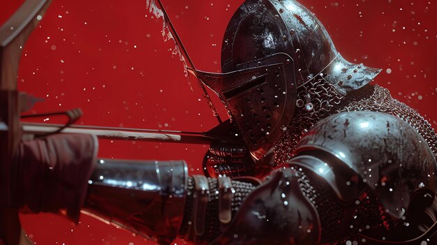 Photo a knight in full armor is drawing his bow and arrow he is wearing a helmet with a visor and a chainmail hauberk the background is red