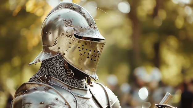 Photo a knight in full armor is standing in a forest the knight is wearing a helmet with a visor and his chainmail armor is covered by a breastplate