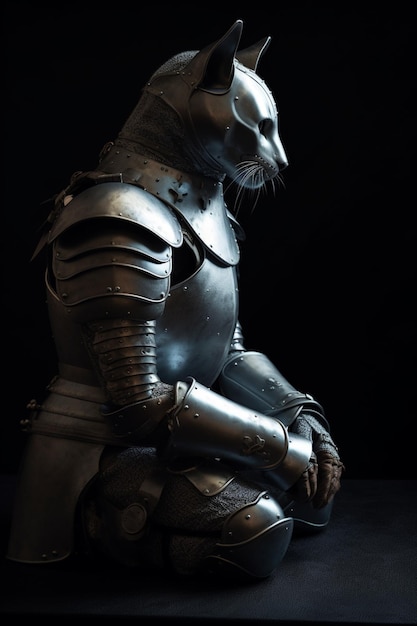 A knight in a full armor sits on a table.