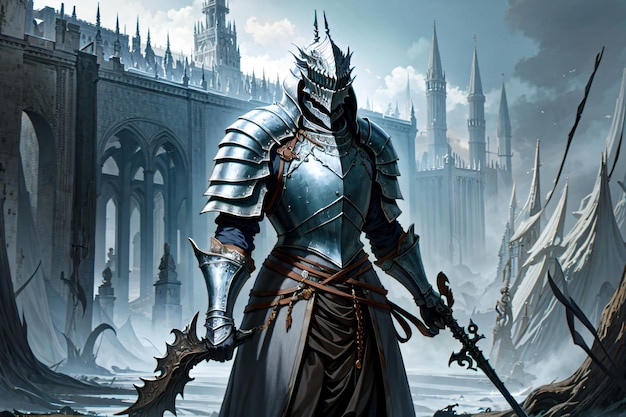 A knight in a full armor stands in front of a castle.