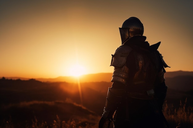 A knight in a full armor stands in front of a sunset.