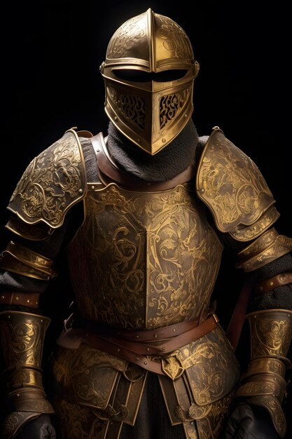 A knight in a gold armour stands in front of a black background