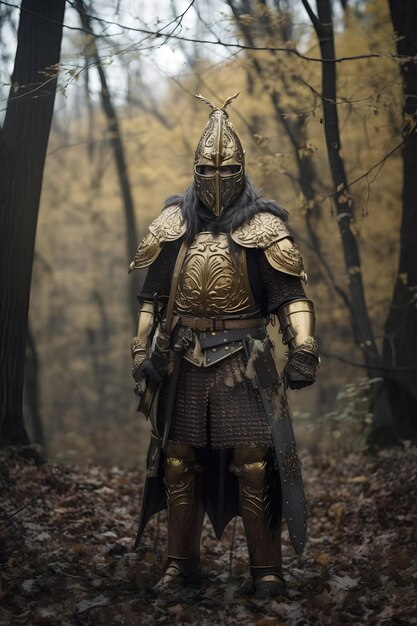 A knight in a golden armor stands in the woods