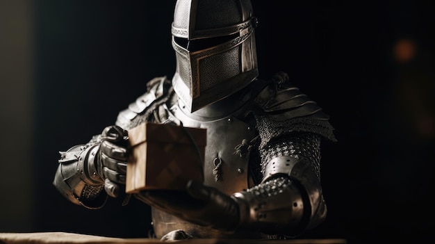 A knight in a helmet holds a box in front of a black background