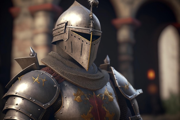 A knight in a helmet stands in front of a castle with the word knights on it.