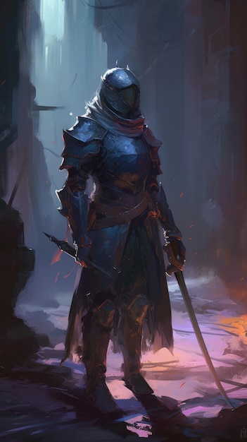 A knight in a helmet stands in front of a fire.