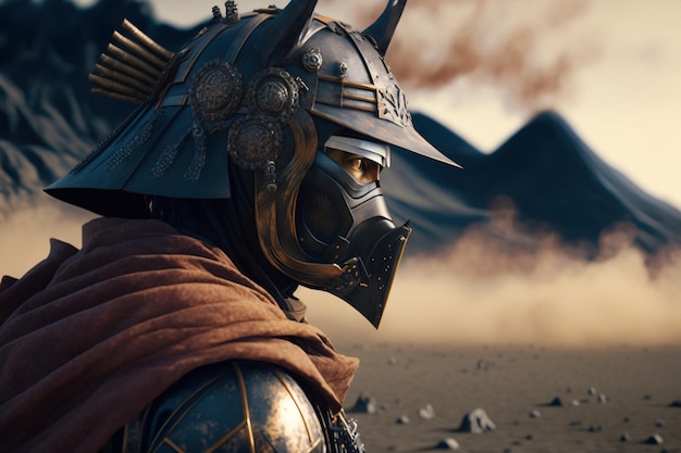 A knight in a helmet stands in front of mountains.