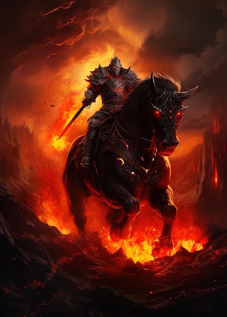 Рыцарь на лошади едет на драконе в огне.