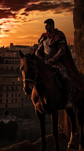 Photo a knight on a horse with a sunset in the background