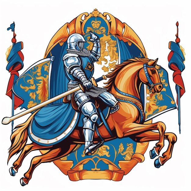 Knight on horse with sword and shield in front of shield generative ai