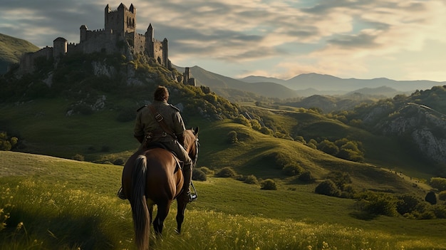 A knight on horseback riding across a field towards a castle