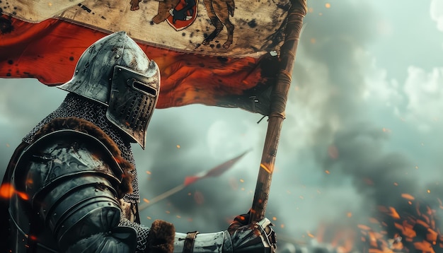 A knight is holding a flag in a battle scene