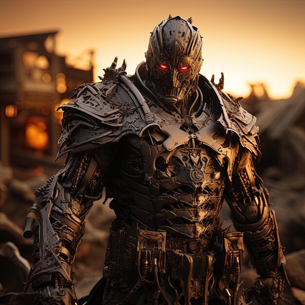 a knight in a knight suit stands in front of a pile of rubble