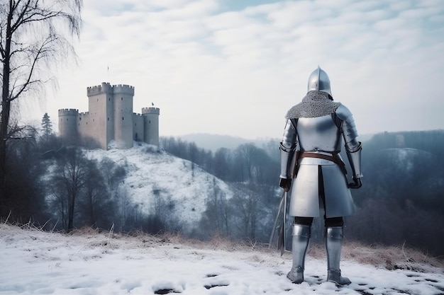 Knight looking to the castle on the hill at winter landscape generative ai