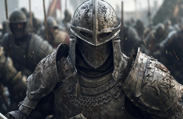 Knight in medieval armor with a round shield on the background of the battle field with AI generated