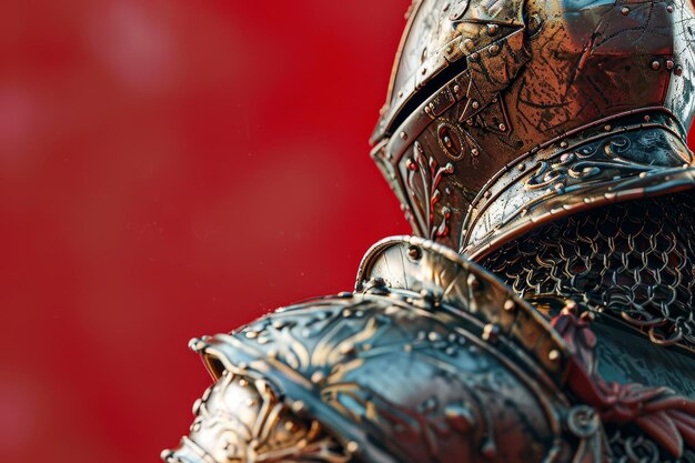 Photo a knight in a metal helmet stands in front of a colorful curtain