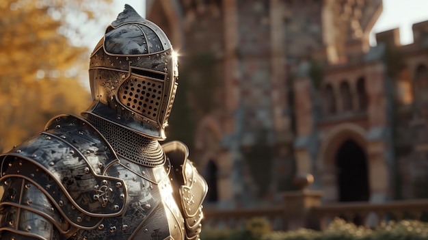 Photo knight in ornate armor standing before castle during sunset